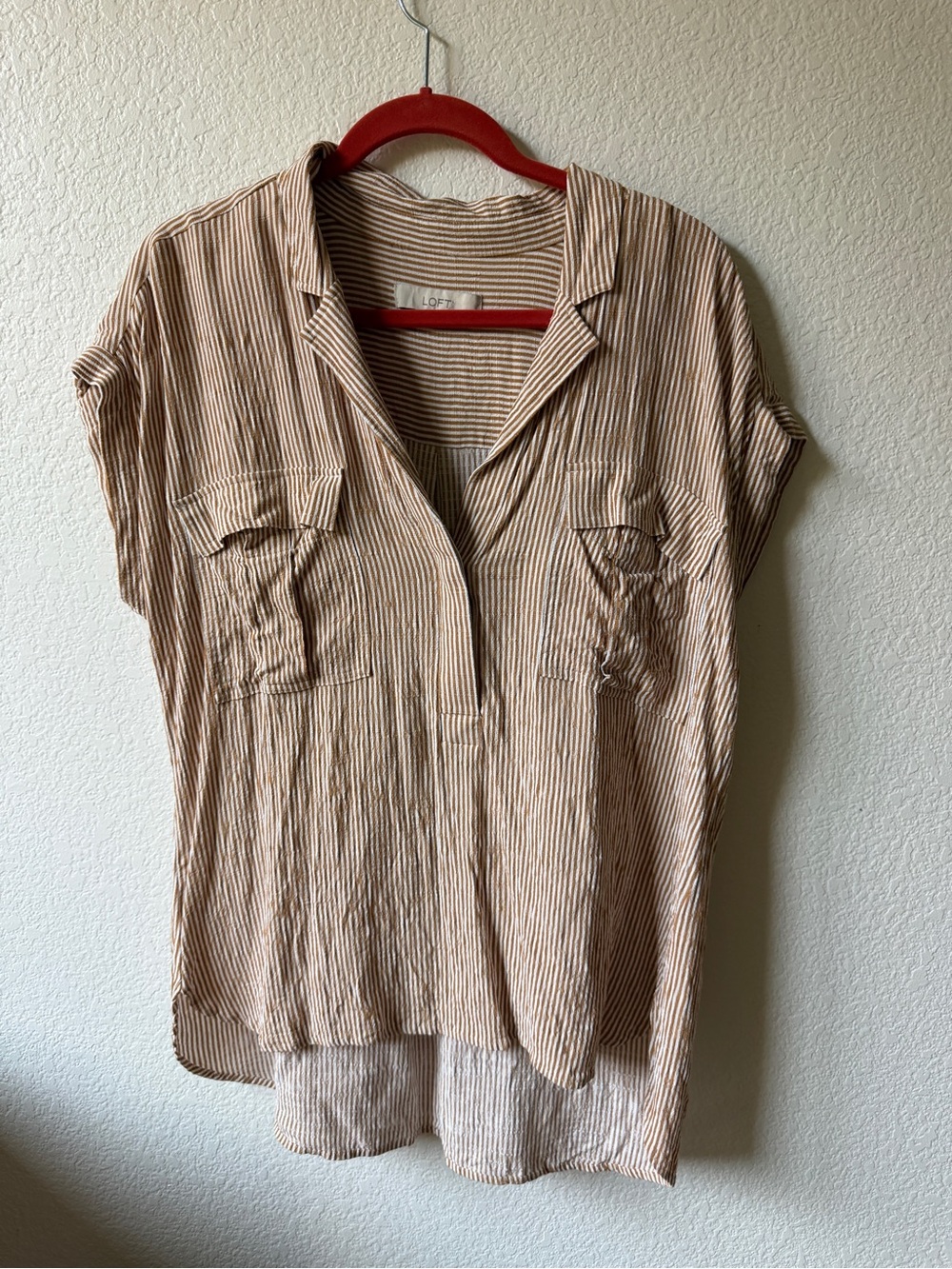 LOFT Beige and White Striped Short-Sleeve Button-Front Shirt